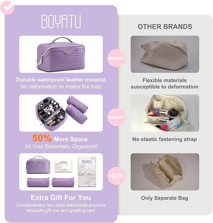 BOYATU Travel Makeup Bag Cosmetic Bags for Women: Large Capacity 3 Pcs Set Make up Bag with Compartments - Waterproof Vegan Leather Toiletry Organizer Bags with Handle (L01 Purple)