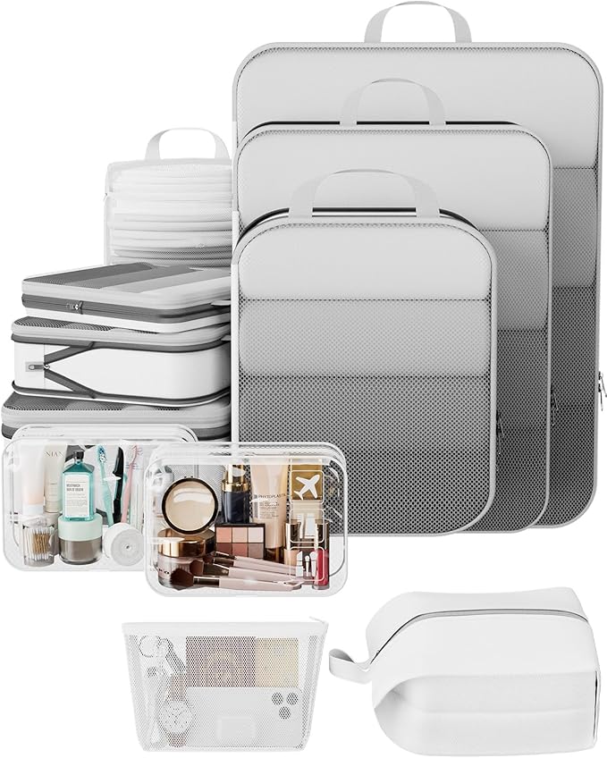 Veken 11 Set Compression Packing Cubes for Travel Essentials,Compressible Expandable Large Luggage Suitcase Organizer Bags for Clothing,Durable Space Saver Storage Bags with Toiletry Bags(White)