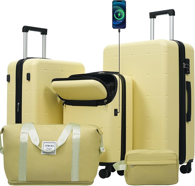 Merax Luggage Sets 5 Piece, Hardside 20" Half-opening Carry On Suitcase Set with USB Port,Lightweight Travel 24" 28" Luggage with Bags TSA Locks Double Spinner Wheels,Yellow