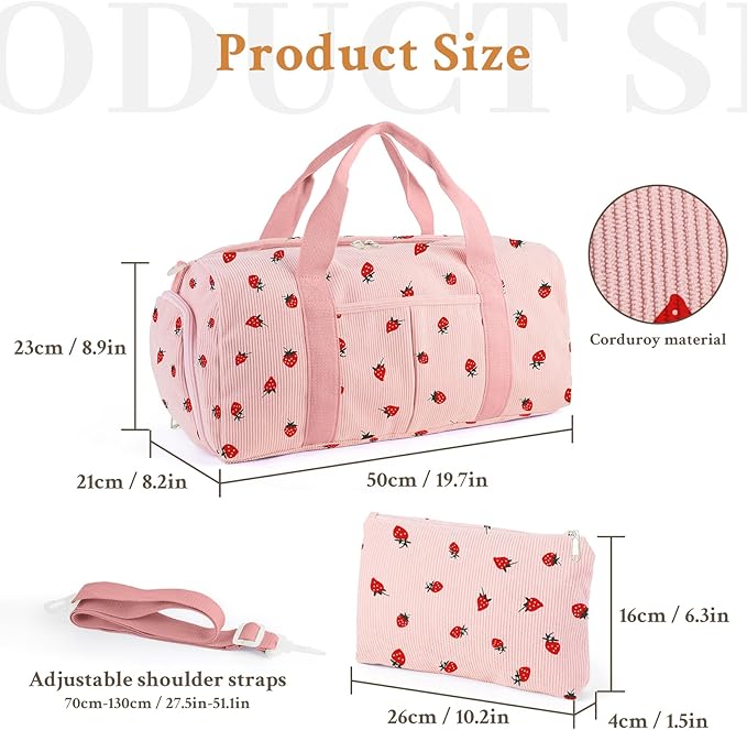 2PCS Cute Gym Bag for Girls, Corduroy Duffle Bag with Wet Pocket & Shoe Compartment and item bag, Duffle Bag for Travel, Sports, Fitness & Workout
