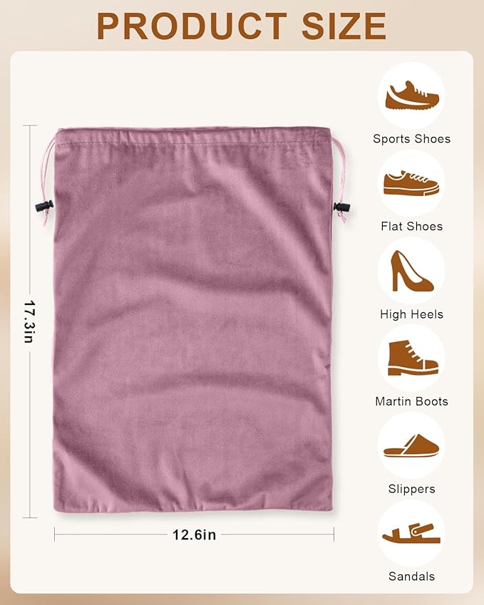 FantasyLife Shoe Bags for Travel, 17.3"x12.6" Washable Dust Bags for Storage & Packing, Flannel Shoe Pouch with Drawstring Closure for Purses, Handbags, Shoes & Toys (2, Parfait Pink)