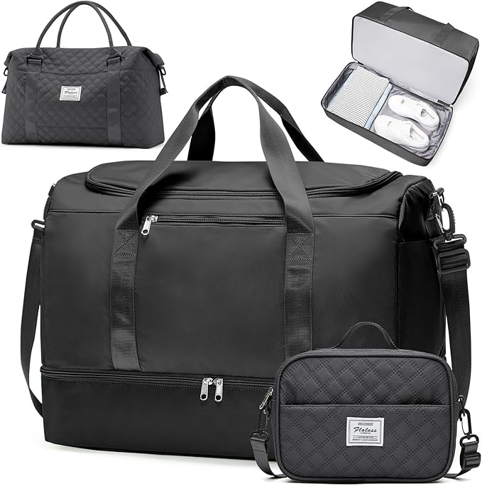 Extra Large Travel Duffle Bag,Carry on Overnight Bag with Shoes Compartment,Weekender Bags for Women for Travel Business Trips Sport Hospital,3 Pcs Set,Black