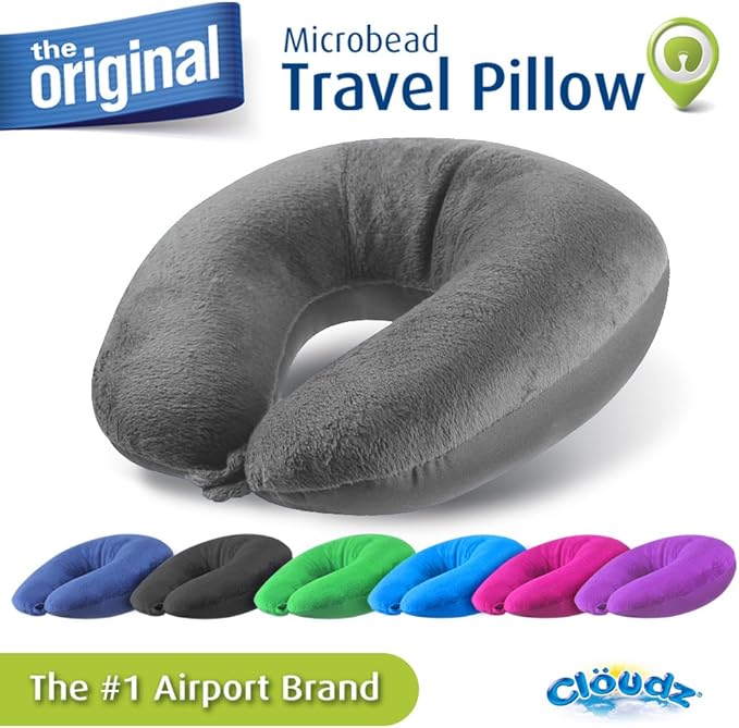 Cloudz Dual Comfort Microbead Airplane Travel Neck Pillow. Super Soft Cozy Plush Fabric on One Side, Cool Relaxing Spandex on The Other! Customize Your Comfort and Support at Home or On The Go! Grey
