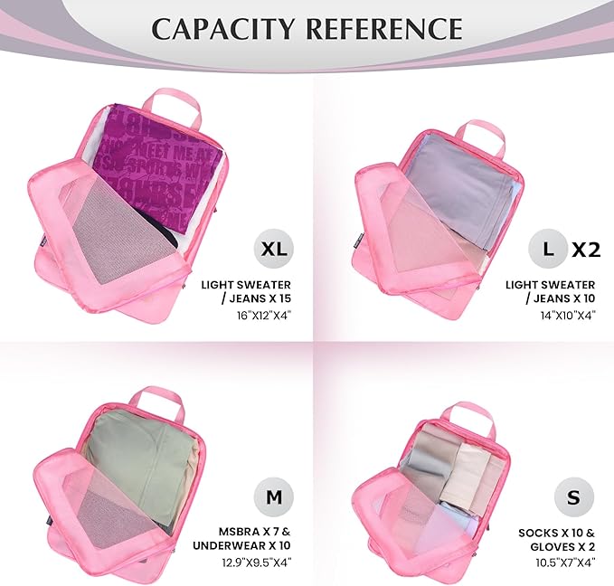 Ultralight Compression Packing Cubes for Suitcases Carry on，Compressible Mesh Packing Cubes for Travel Women Travel Essentials with Shoe Bag 6 Set (Pink)