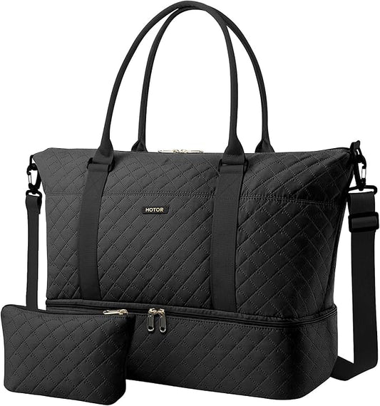 HOTOR Travel Duffel Bag - Weekender Bags for Women, Gym Tote Bags with Shoe Compartment, Carry On Overnight Bag with Toiletry Bag for Travel Essentials and Travel Accessories, Black, 13.4"×17.3"×7.9"