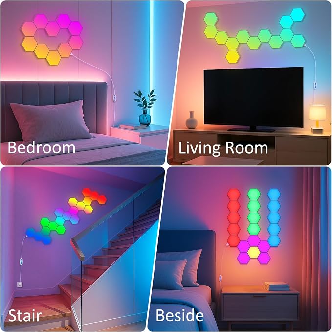 Hexagon LED Light Panels 8 Pack – Smart RGB Wall Lights with APP & Remote Control – Music Sync Modular Gaming Lights for Bedroom, Living Room, Wall Decor