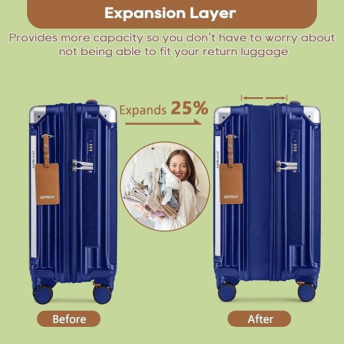 Joyway 5 Piece Luggage Set with Cup Holder, Expandable 25% Capacity, Includes Handbag, Anti Slip Wheels, Hook, Smart Carry On Suitcase for Men and Women, Spinner Travel Blue