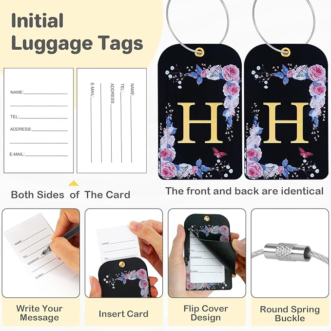 3 Pack Luxury Floral Luggage Tags, Durable PU Leather Suitcase Tags with Stainless Steel Cable Strap, Hidden ID Slot for Privacy Protection, Easy to Identify Waterproof Travel Accessories Gift (H)