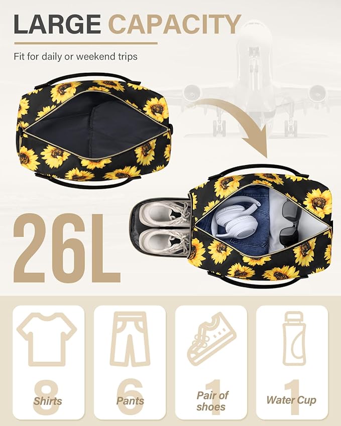 Travel Duffle Bag for Women Large Weekender Overnight Bags Gym Bag with Shoe Compartment Waterproof Hospital Bag Carry On Tote Bag for Airplanes,Sunflower