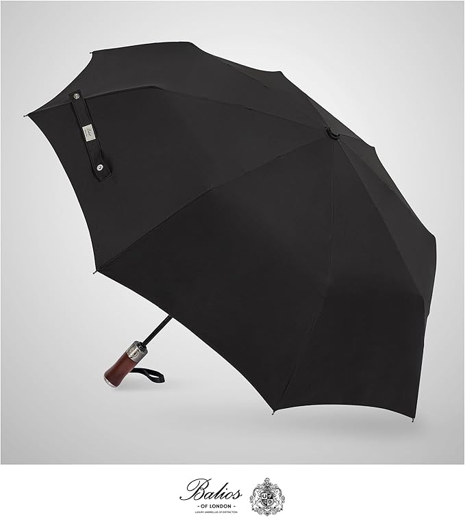 Balios (Designed in UK) Travel Umbrella Luxurious Golden Hardwood Handle Auto Open & Close Windproof Frame Single Canopy Automatic Folding Umbrella Men's & Ladies