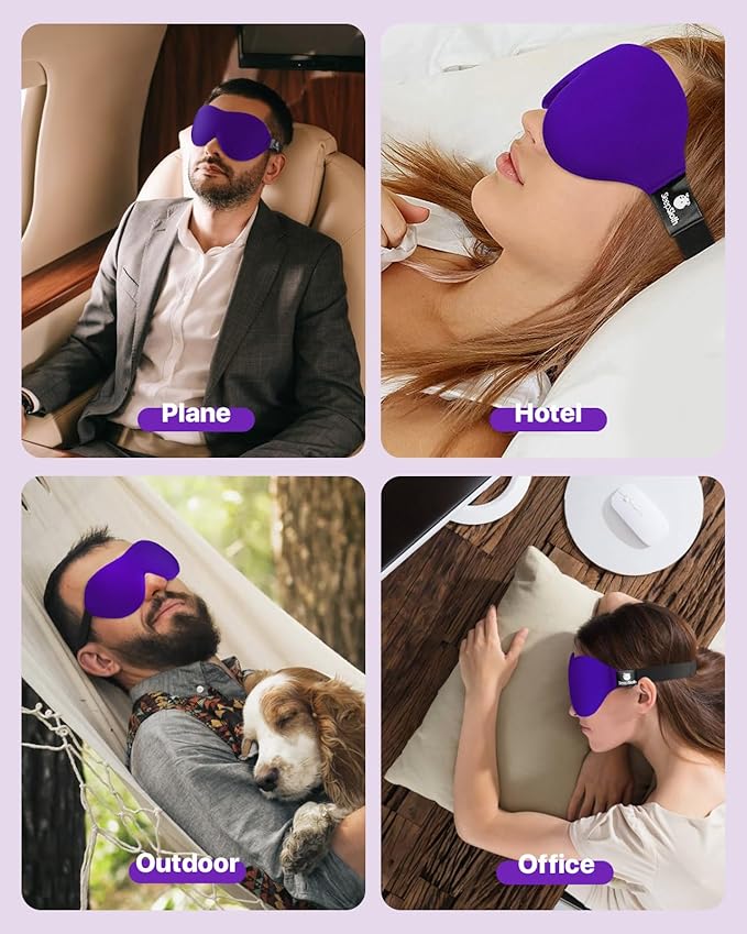 3D Contoured 100% Blackout Eye Mask, Sleep Mask with Adjustable Strap, Night Blindfold for Women Men, Eye Mask for Sleeping, Purple