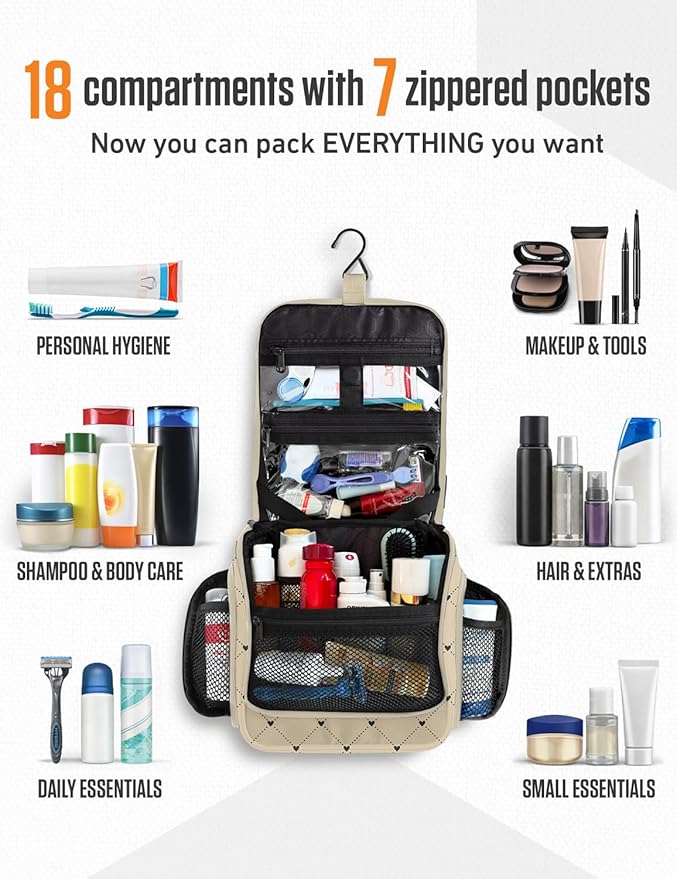 VENTURE 4TH Hanging Travel Toiletry Bag for Women & Men – Large Toiletry Organizer with 17 Compartments, Removable TSA Pouch, Travel Wash Bag for Toiletries, Makeup & Shaving Kit (Beige Diamonds)