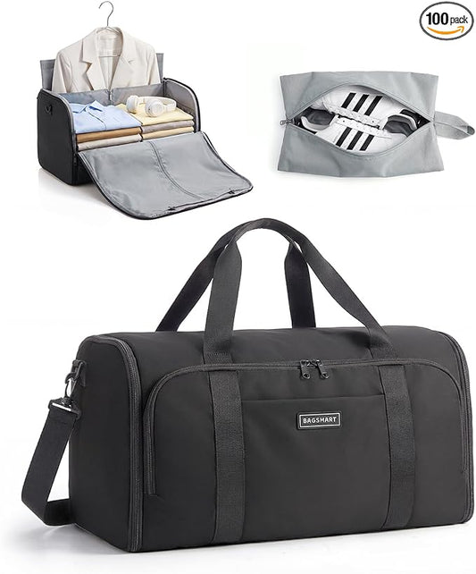 BAGSMART Garment Bag Duffle Bag for Travel Convertible 2 in 1 Suit Bag for Hanging Clothes Carry on Travel Bag with Shoes Bag,Shoulder Strap Weekender for Dresses, Coats, Shirts (Black)