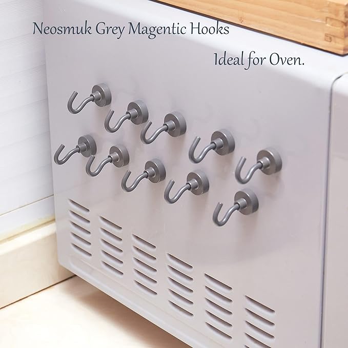 Neosmuk Magnetic Hooks, 30lb+ Heavy Duty Earth Magnets with Hook for Refrigerator, Extra Strong Cruise Hook for Hanging, Magnetic Hanger for Curtain, Grill(Grey, Pack of 6)