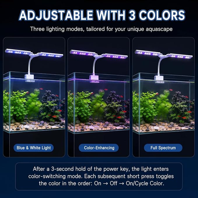 Aquarium Light Clip on Fish Tank Light Full Spectrum Plants Lights with Timer Auto On Off, 3 Colors Mode, 360° Adjustable 2 Light Bar, Aquarium Lamp Suitable for 8-14 Inch Fish Tank