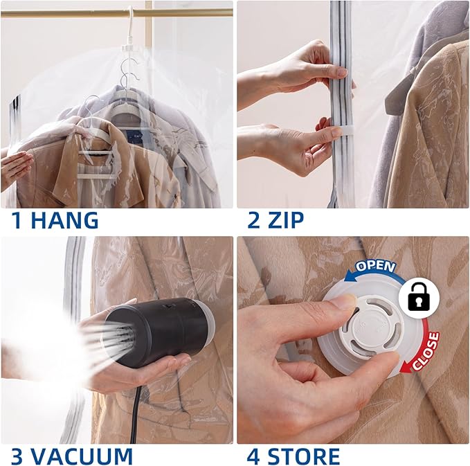 Hanging Vacuum Storage Bags, 6 Pack Hanging Storage Bags for Clothes With Electric Pump, Vacuum Sealed for Suits, Dress, Jackets (6 Long)