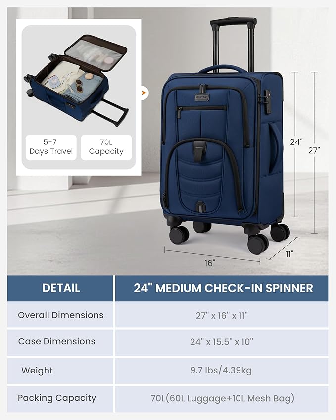 LOVEVOOK Business Softside Checked Luggage with 15.6/17.3 Inch Laptop Compartment, 24 Inch Checked Suitcase with Spinner Wheels, Large Capacity Luggage with TSA Lock for Business Trip Travel Navy Bule
