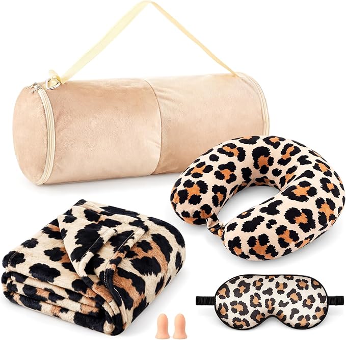 5 Pcs Travel Pillow and Blanket Set, 5 in 1 Travel Airplane Compact Includes 40 x 60 Inch Throw Blanket Eye Mask Neck Pillow Earplug and Bag Gifts for Travelers Women(Leopard Print,Brown)