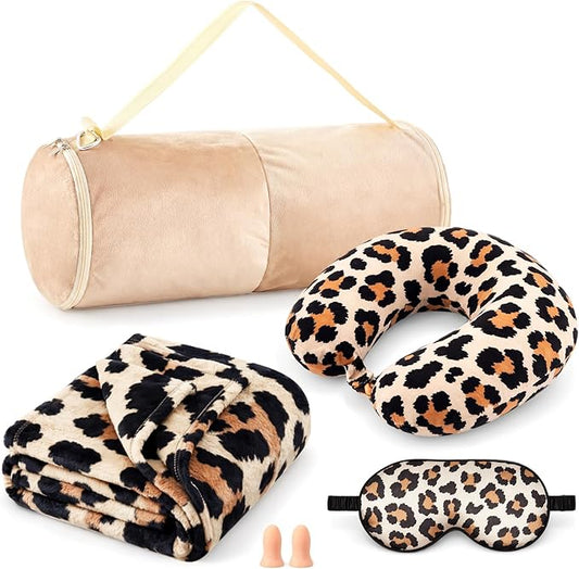 5 Pcs Travel Pillow and Blanket Set, 5 in 1 Travel Airplane Compact Includes 40 x 60 Inch Throw Blanket Eye Mask Neck Pillow Earplug and Bag Gifts for Travelers Women(Leopard Print,Brown)