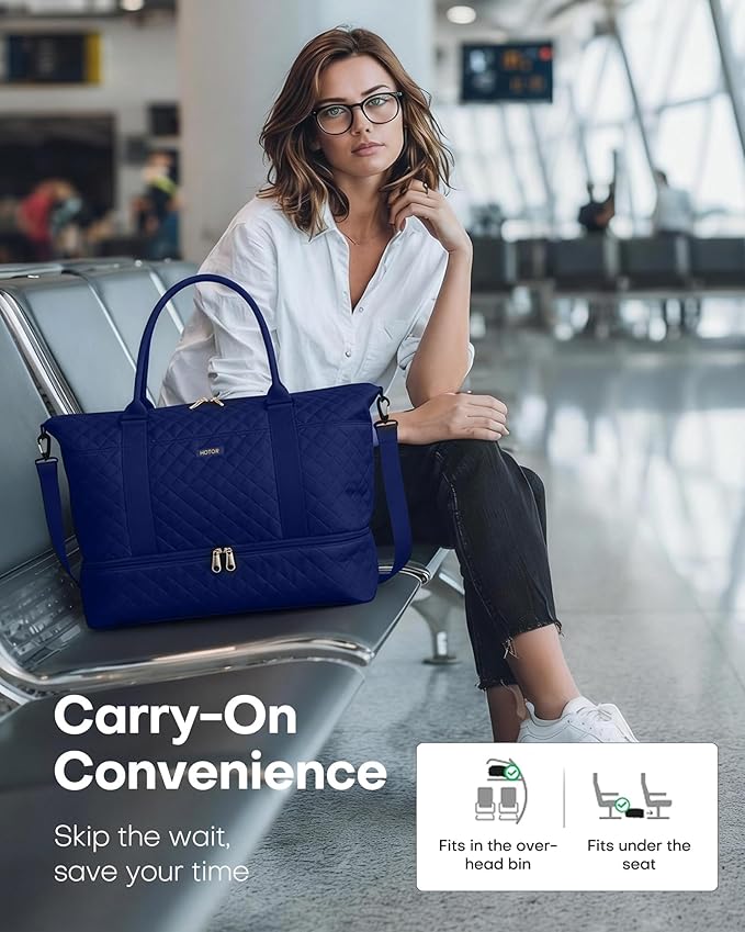 HOTOR Travel Duffel Bag - Weekender Bags for Women, Gym Tote Bags with Shoe Compartment, Carry On Overnight Bag with Toiletry Bag for Travel Essentials Travel Accessories, Dark Blue, 15.8"×18.1"×8.7"