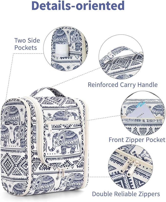 Narwey Small Hanging Toiletry Bag Women Travel Makeup Bag Organizer Toiletries Bag for Travel Size Essentials Accessories Cosmetics (Medium, Elephant)