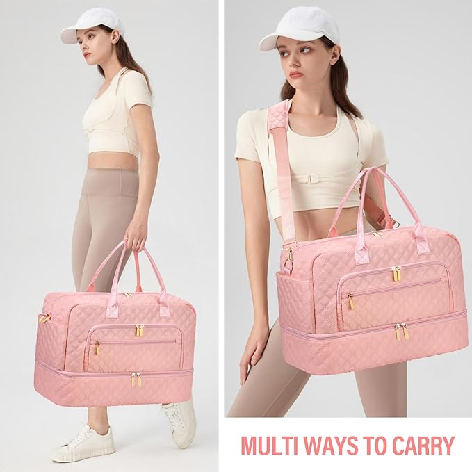 Large Travel Duffle Bag for Women,Carry on Overnight Bag Weekender Bags with Toiletry Bag Travel Bags for Women with Shoe Compartment for Gym Business Trips Sport Hospital(Pink)
