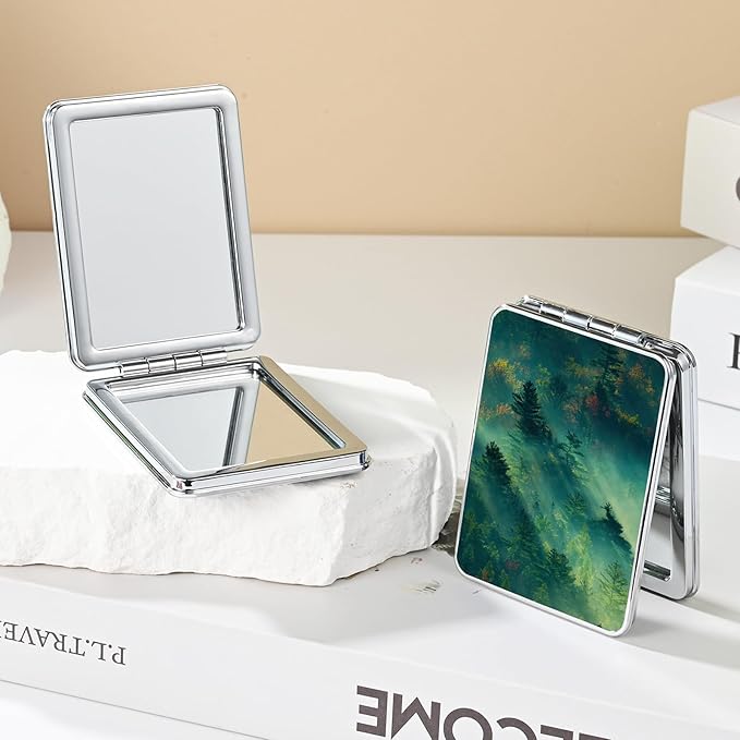 Pocket Mirror, Small Travel Mirror with Magnification, Portable Double-Sided Magnifying Cosmetic Mirror for Daily (Forest)