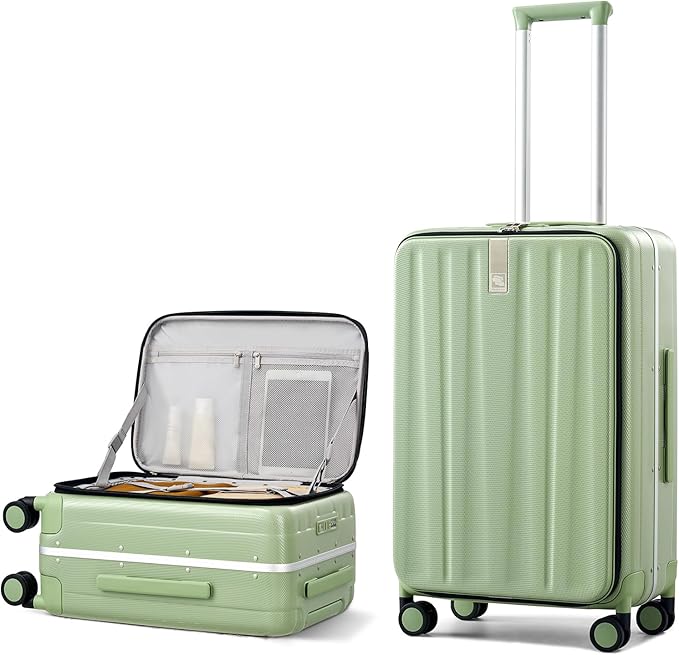 Hanke 24 Inch Checked Luggage PC Hard Shell luggage Top Opening Aluminum Frame Travel Luggage Suitcases with Wheels for Woman Men.(Bamboo Green)