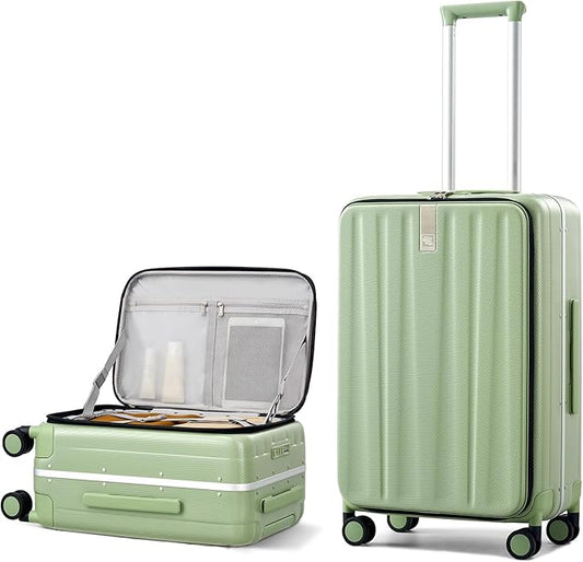 Hanke 24 Inch Checked Luggage PC Hard Shell luggage Top Opening Aluminum Frame Travel Luggage Suitcases with Wheels for Woman Men.(Bamboo Green)