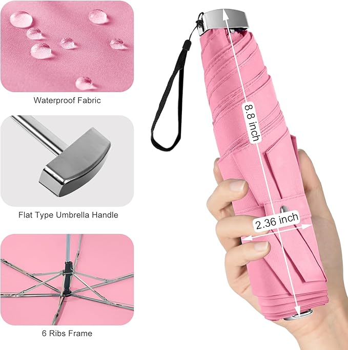 Lejorain Travel Mini Umbrella for Purse - Black Compact Durable Cool Teflon Light Weight Flat Backpacking Umbrella Portable Paraguas
