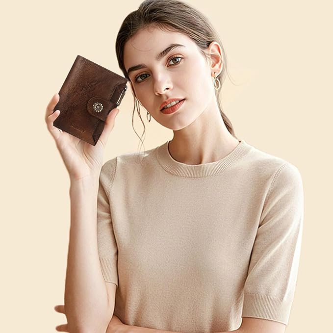 Wallet Women,RFID Blocking Womens Wallet,Real Leather Bifold Compact Small Wallet for Women Card Holder with Zip Coin Pocket(Darkcoffee)