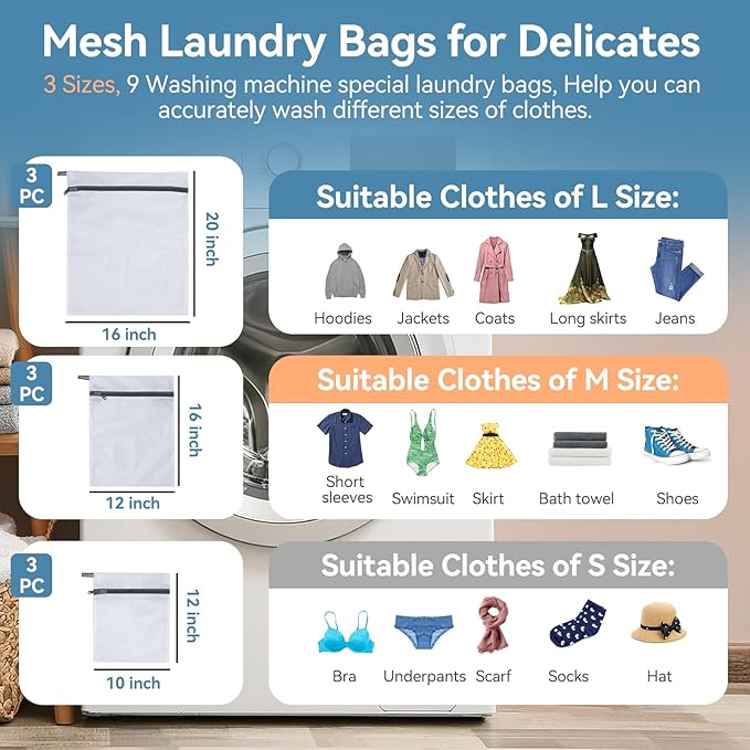 9Pcs Mesh Laundry Bags for Delicates, Laundry Bags Mesh Wash Bags,Lingerie Bags for Washing Delicates, Garment Bag for Washing Machine (3 Large,3 Medium,3 Small)