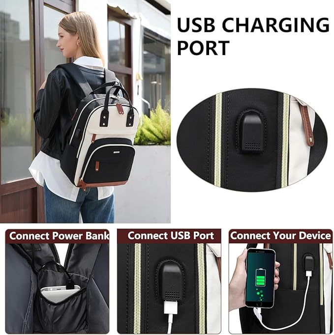 Laptop Backpack for Women Bag - 15.6 inch Work Bags with USB Charger College Bookbag Business Computer Backpack Purse Beige Black Brown