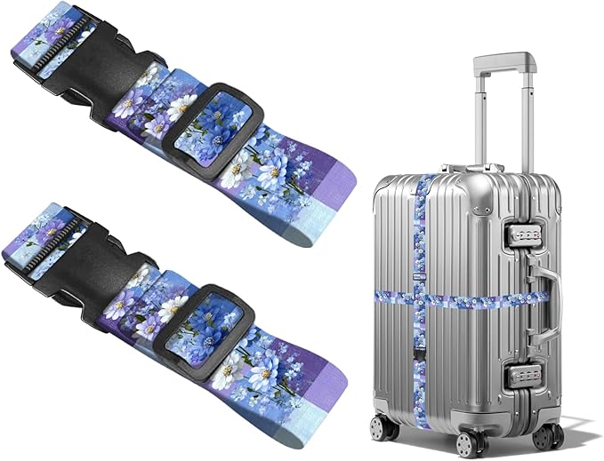 Nuxovilar Luggage Straps of 2 Set Blue & Purple Flowers Pattern, 1.96x90.5 inches - Luggage Straps for Suitcases, Nice for Travel, Weekend Trips, Vacations
