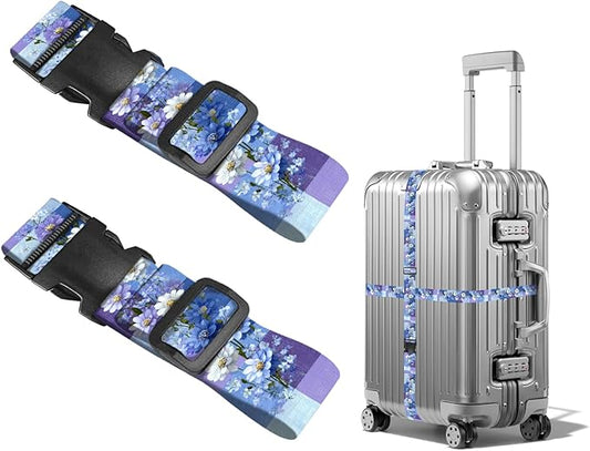 Nuxovilar Luggage Straps of 2 Set Blue & Purple Flowers Pattern, 1.96x90.5 inches - Luggage Straps for Suitcases, Nice for Travel, Weekend Trips, Vacations