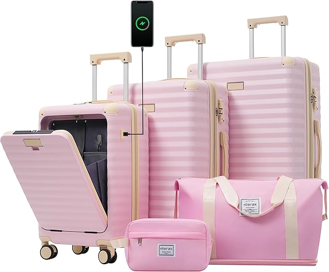 Merax Luggage Sets Front Opening, 3 Piece Hardshell Suitcase with Spinner Wheels and Bags,Lightweight Carry on Luggage with USB Port and Cup Holder,20+24+28,Pink