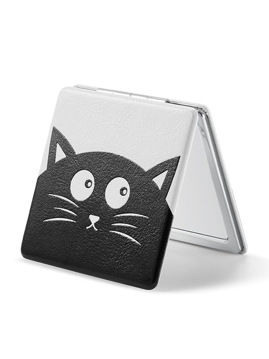 OMIRO 1X/3X Magnifying Mirror, Unique Painting Compact Mirror with Classical PU Leather (Ginger Cat)
