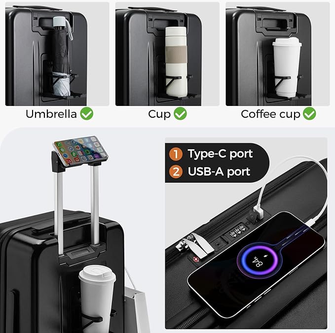 Carry On Luggage Top Opening with Cup Holder & Phone Holder, Expandable PC Hard Shell Suitcase, USB Charging Port, Side Hook, 360° Spinner Wheels, TSA Lock & YKK Zippers for Women Man Gifts
