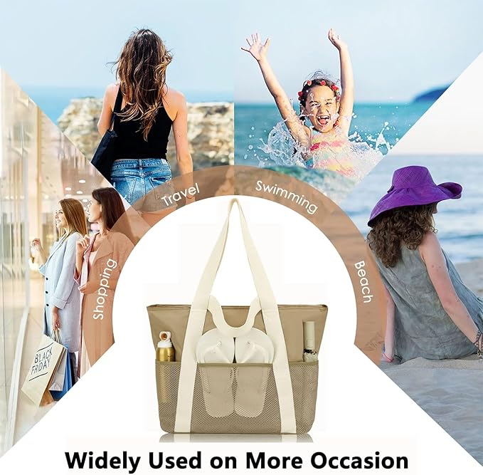 Fammart Mesh Beach Bag, Large Beach Tote with Zipper Pocket, Toys Pool Bag for Family Travel Vacation Cruise Essentials