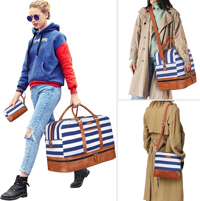 Weekender Bag for Women, Large Overnight Bag Canvas Travel Duffel Bag Carry On Tote with Shoe Compartment 21" 3Pcs Set