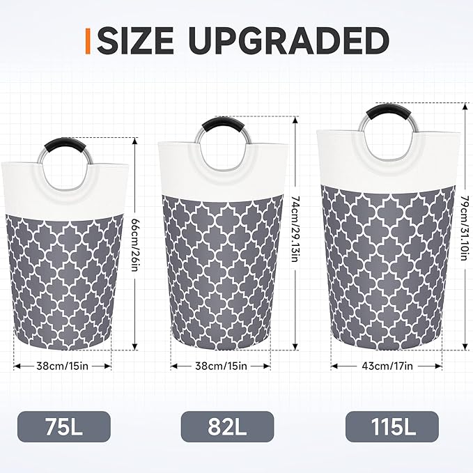 Large Laundry Basket Laundry Hamper Bag Washing Bin Clothes Bag Collapsible Tall with Handles Waterproof Travel Bathroom College Essentials Storage for College Dorm, Family (Grey) 75L