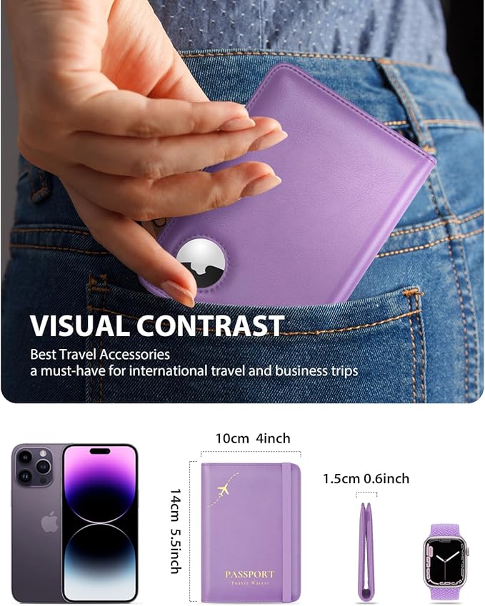 Stouchi AirTag Passport Holder, Anti-Lost Passport Holder with Airtag Slot, Passport Wallet Cover with RFID Blocking, Leather Passport Case Travel Accessories for Women, Purple