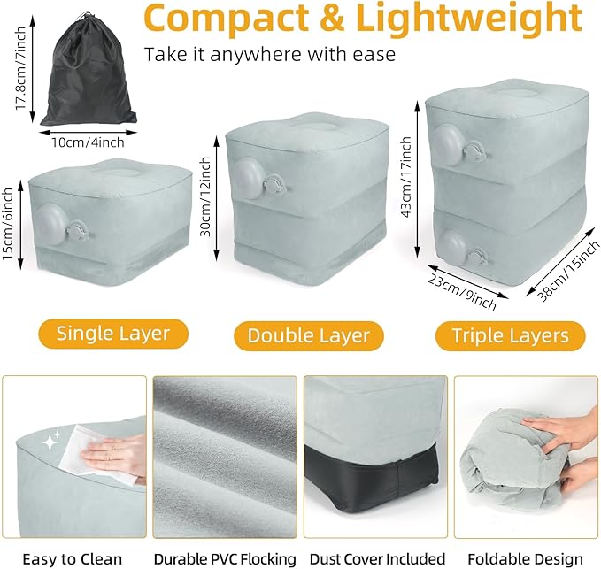 Inflatable Foot Rest Pillow for Travel, Adjustable 3-Layer Height, Fast Inflation Leg Rest Cushion for Airplanes, Cars, Trains, Office & Home