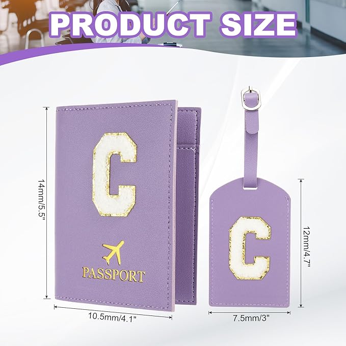 PATIKIL Passport Holder for Travel, Initial Passport Cover and Luggage Tag Set with Alphabet Chenille Letter Patch Travel Wallet Bag Suitcase Identifier for Women Family Travel Purple C