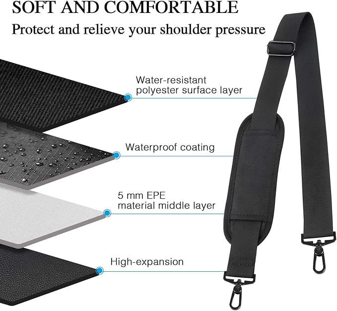 Taygeer Shoulder Strap, 52" Universal Replacement Laptop Shoulder Strap Luggage Duffel Bag Strap Adjustable Comfortable Belt with Metal Hooks for Briefcase Computer Messenger Bag Laptop Case, Black