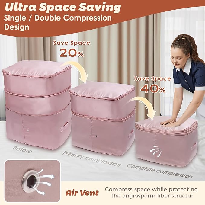 Ultra Space Saving Self Compression Organizers, 2 Pack Double Zipper Compression Packing Cubes for Bedding, Comforter Storage Bag for Blankets Duvet Quilts Pillows Queen King (Beige, X-Large)