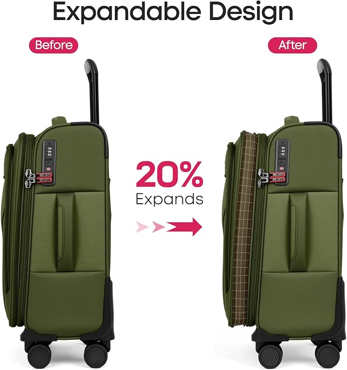 3PCS Set Softside Luggage Sets w/ Spinner Wheels,Expandable 20% Suitcase Upright Spinner Softshell w/TSA LOCK, Lightweight Durable Rolling Travel Luggage Set for Men/Women（Green,22in/28in/32in）