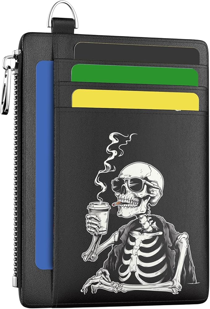 Hancynir Slim Wallet Women Credit Card Holder, Skull Skeleton RFID Blocking Small Mini Card Wallets, Funny Front Pocket PU Leather Card Case, Thin Travel Zipper Coin Cash Ladies Female Wallet Gifts