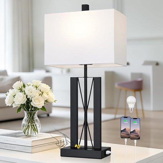Lolikit 25" Modern Table Lamp for Living Room,Bedside Lamp for Bedroom | 2 USB Charging Ports,White and Black,Geometric Industrial Contemporary,LED Bulbs Shade Included,Bedrooms,Nightstand,End Table