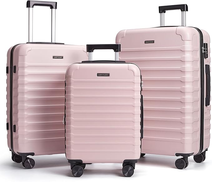 LIGHT FLIGHT Luggage Sets, 3 Piece Durable Suitcase Set with Spinner Wheels, 3 Pcs Hardside Lightweight luggage with TSA Lock, Large Checked Travel Suitcases, 20/24/28 Inch, Pink